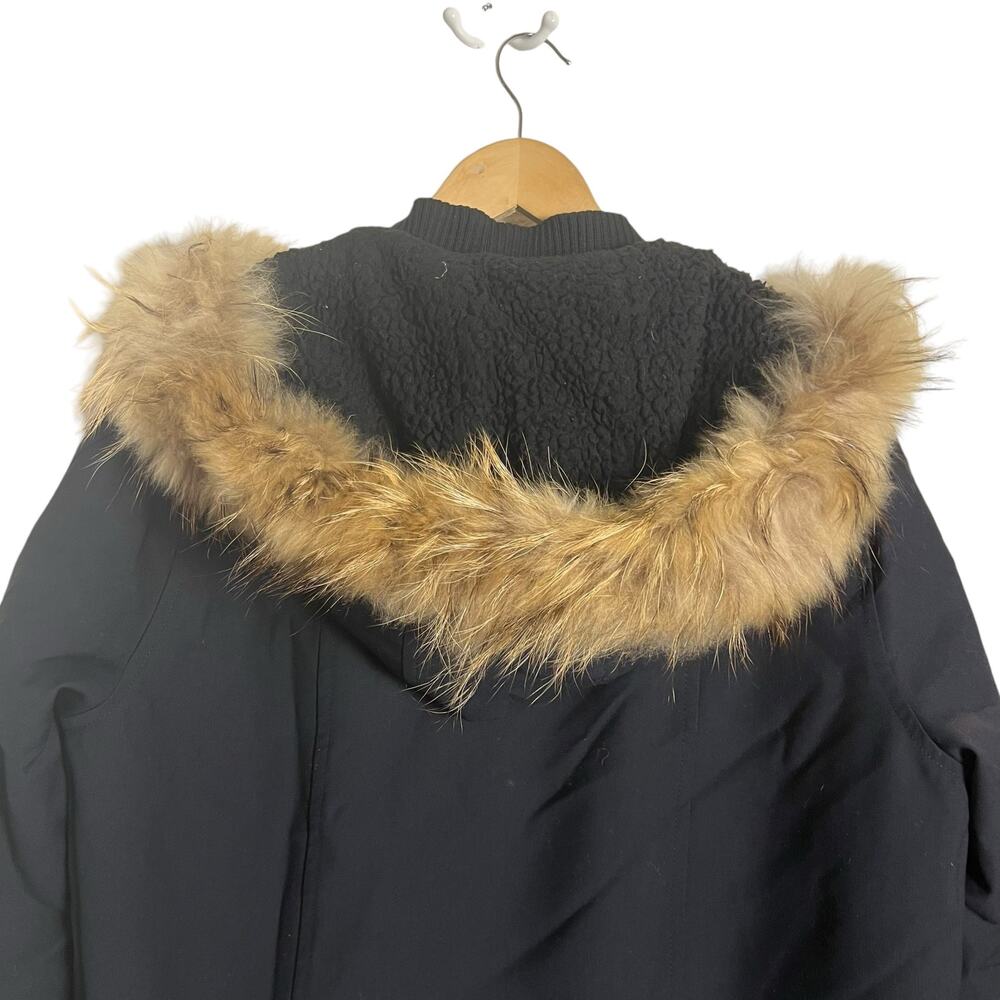Maje Dark Blue Raccoon Fur Trim Hooded Sherpa Parka Coat Size Large - Picture 8 of 10